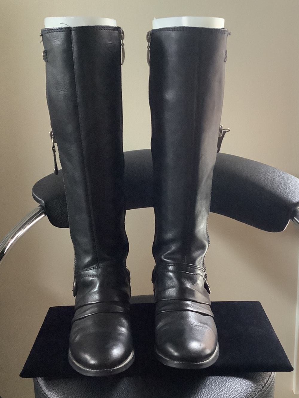 Guess Black Knee high Leather Riding Boots Loop chain belt/buckle detail on heel